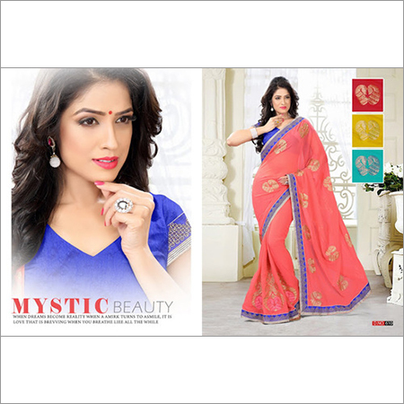 Docile Baby Pink Georgette Sarees - 6.3m Length, Blouse 0.85m (34-46 Inch) | Resham, Embroidery, Diamond, Lace, Patch Border Work