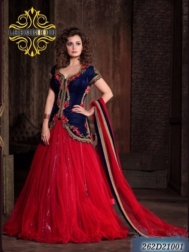 Designer Salwar Suits - Net & Velvet, 50-55 Inches, Red & Blue | Embroidered Zari Stone, Elegant Party Wear