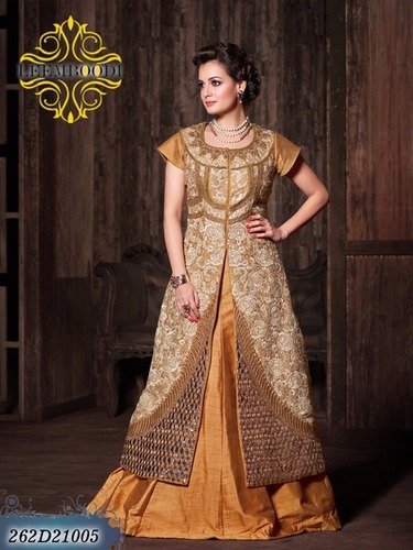Designer Salwar Suits - Silk Blend, 54 Inch, Beige/Gold | Anarkali Style, Hand & Machine Embroidery, Elegant Party Wear