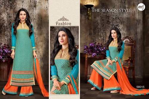 Georgette Salwar Kameez - Soft Georgette, Teal, Plazo Style | Embroidered, Elegant, Comfortable Fit, 12 Designs Set