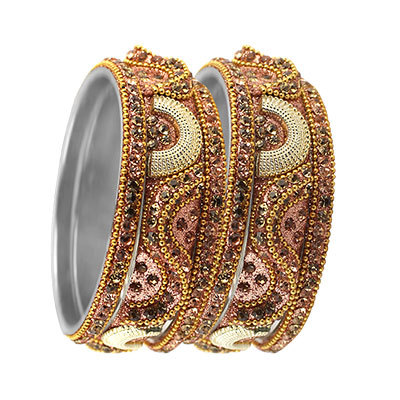 3D Crystal Bangles Set Rose Gold - Metal, 2.5-2.75 Inch Diameter, Rose Gold, Crystal Embellishments, Ethnic Party Wear