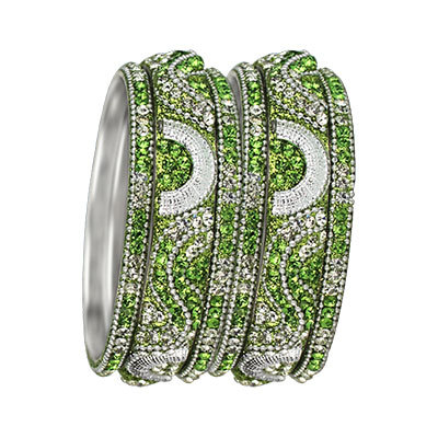 3D Crystal Bangles Set Silver Lime Green - Metal, Standard Size, 6 Pieces | Elegant Design, Crystal Embellishments, Indian Ethnic Style