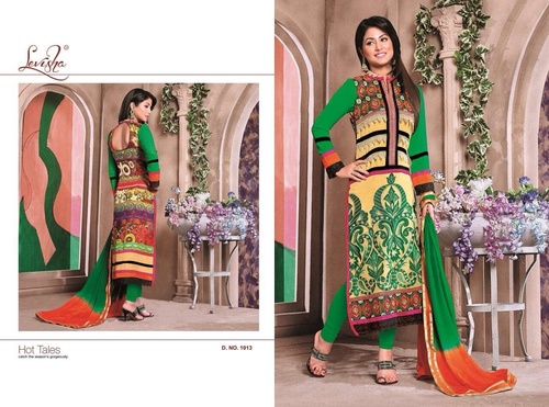 Hina Khan Akshra Plus - Green 3D Print Straight Salwar Suit, Lace Border, Comfortable Fit