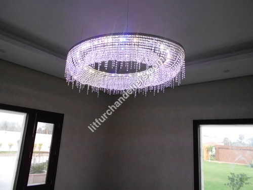 Contemporary Chandelier - Glass, White Color, 110~240 Volt Input | Circular Shape, Short Circuit Protection, Low Maintenance, Chrome Plated Base, Crystal Balls and Beads