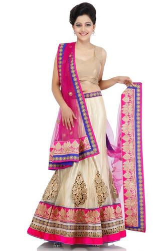 Beige Net Lehanga Unstitched