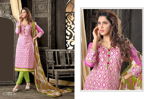 Pink and Olive Green Chanderi Cotton Salwar Kameez - Unstitched, Straight Style, Embroidered, Designer Lace Dupatta