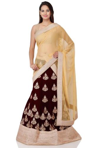 Red Mahogany Velvet Embroidery Lehanga Unstitched