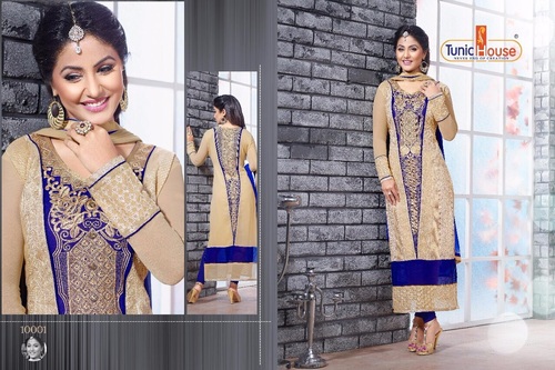 Hina Khan Nikky - Cotton Blend, 54 Inches, Beige and Blue | Elegant Design, Embroidery, Comfortable Fit, Stylish Look