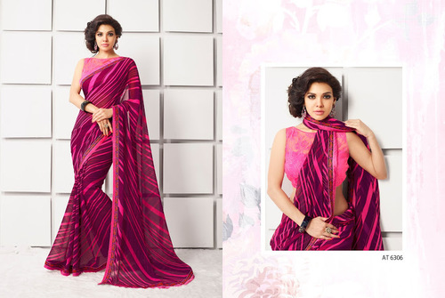 Famed Wine Georgette Saree - 6.3m Length, Wine Color, Resham Work | Geometric, Stripes, Block Prints, Customizable Blouse 34-46 Inches