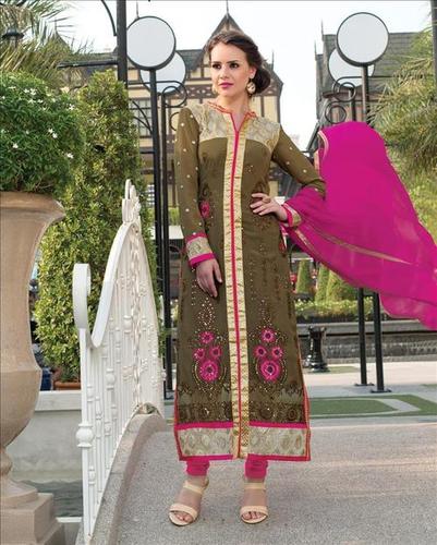 Mehendi Green Pure Georgette Embroidery Work Suit.