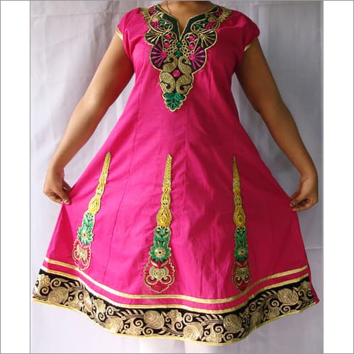 Long Pink Kurti Decoration Material: Laces