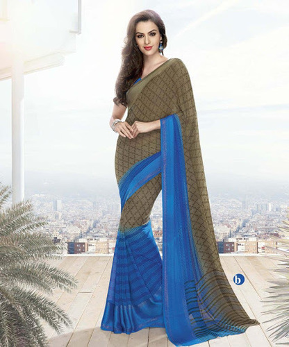 Efficacious Georgette Brown Sarees - Georgette, 6.3m, Brown, 34-46 Inch Blouse | Resham Work, Floral, Stripes, Geometric Prints