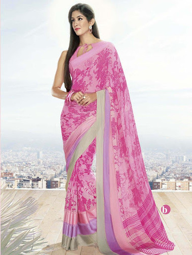 Efficacious Pink Georgette Designer Saree - 6.3m, 0.85m Blouse Piece, Customizable 34-46 Inches, Resham Work, Floral & Geometric Print