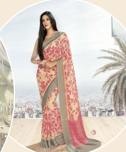 Efficacious Georgette Peach Sarees - Georgette Fabric, 6.3m Length, Peach Color | Resham Work, Floral, Stripe, Geometric Prints, Customizable Blouse 34-46 Inches