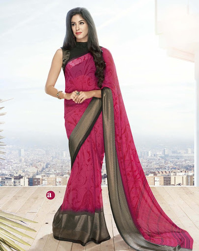 Efficacious Georgette Hot Pink Designer Saree - 6.3m Length, 0.85m Blouse Piece | Resham Work, Floral, Stripes & Geometric Prints, Customizable Blouse 34-46 Inches