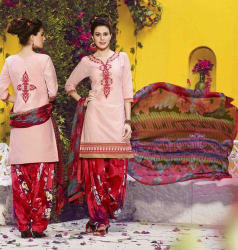 Peachy Red Embroidered With Multicolor Patiyala Suit - Cotton Fabric, Red Patiyala, Red Designer Lace Dupatta, Unstitched