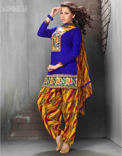Blue with Yellow Embroidered Multicolor Patiyala Suit - Cotton Fabric, Unstitched, Stylish Comfortable Design