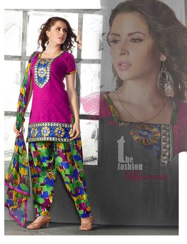 Pinky Green Embroidered With Multicolor Patiyala Suit - Cotton Fabric, Pink Kameez, Green Dupatta, Designer Lace Border, Stylish Patiyala