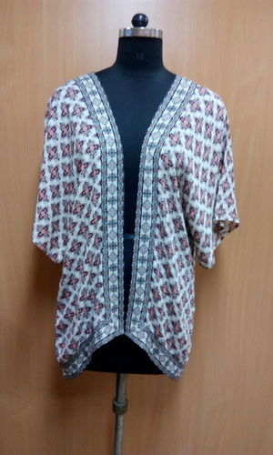 Kimono - Rayon, Medium, Beige | Open Front, Printed Design, Short Sleeve, Soft Fabric, Comfortable Fit