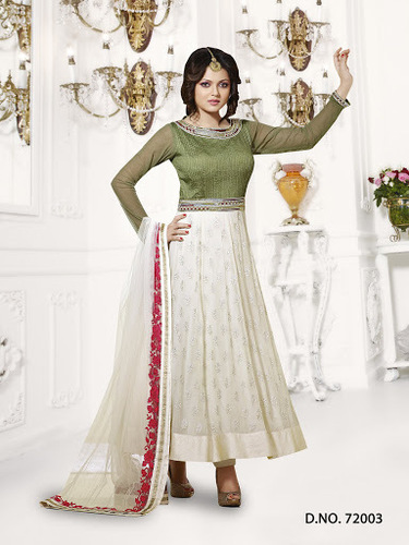 MADHUBALA Off White Georgette On Net Anarkali Suit - Size Up to 42, Stone Work, Patch Border, Zari Work, Chiffon Dupatta