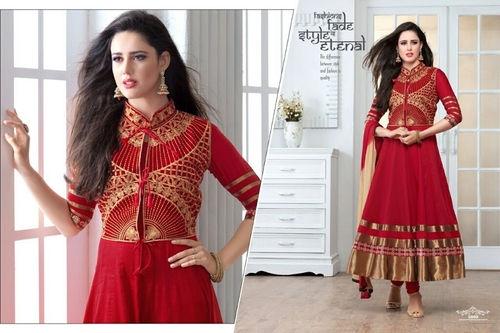 HEER 4 Cotton Anarkalis - Red Cotton Fabric, 10-Piece Album, Trendy Stylish Elegant