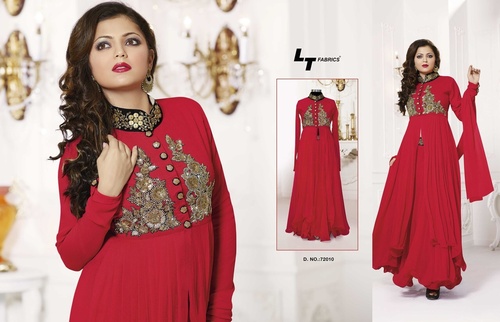 Red Colour Anarkali Dress - Georgette, Free Size, Floor Length | Embroidery, High Neck, Long Sleeves, Comfortable Fit, Stylish Look