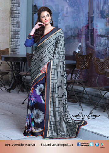 Regular Printed Sarees - Polyester 5.5m Grey, Digital Print | Stylish Design, Durable Fabric, Soft Texture, Easy Care