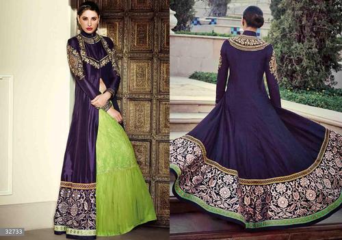 Violet Bhagalpuri Silk Embroidered Anarkali Suit Fabric Bhagalpuri Silk, Violet & Green, Floor-Length, Long Sleeves, Party Wear