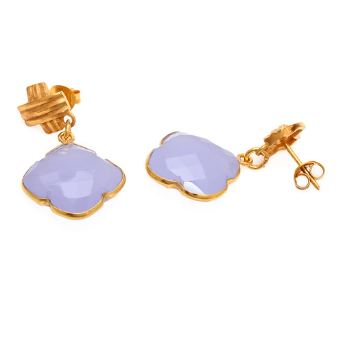 Lavender Chalcedony Gemstone Earring - 925 Sterling Silver Vermeil, AA Quality, Faceted Clover Shape, Blue Hue