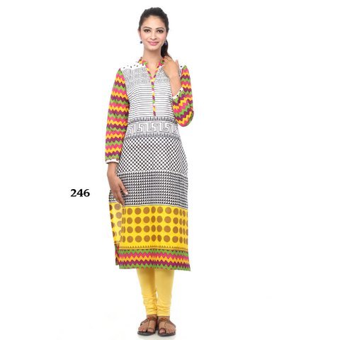 Mix Color with Strips Kurti - Cotton, Knee-Length, Multicolor | Stylish Design, Comfortable Fit, Three-Quarter Sleeves