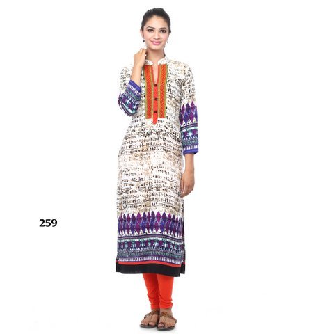 White with Purple Strips Kurti - Cotton, 45 Inches, White | Stylish Design, Comfortable Fabric, Round Neck, 3/4 Sleeves, Durable Material