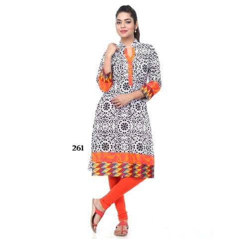 Black Printed with Orange Strips Kurti - Cotton, 44 Inch, Mandarin Collar, Orange | Stylish Design, Comfortable Fabric, Regular Fit, 3/4 Sleeves