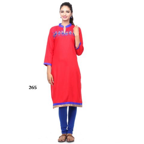 Fully Red with Black Lining Kurti - Rayon, Knee-Length, Red | Floral Embroidery, Stylish Design, Comfortable Fabric, Mandarin Collar, 3/4 Sleeves
