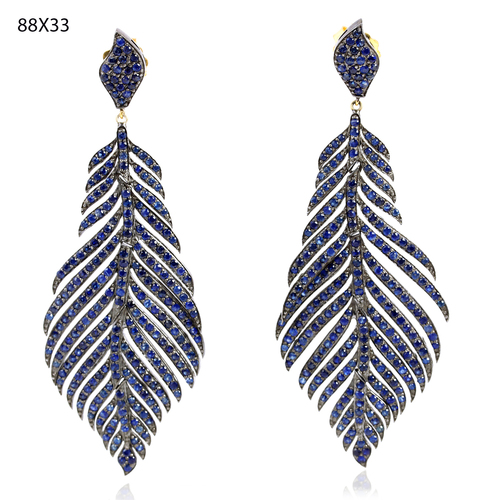 Blue Sapphire Feather Design Dangle Earrings