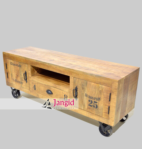 Industrial Rough Mango Wood TV Cabinet With Wheel