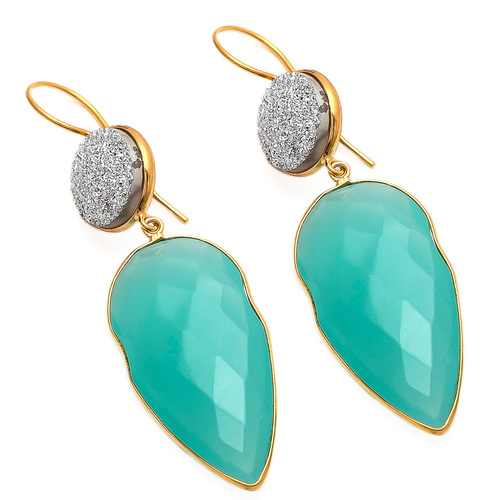 Round Aqua Chalcedony & Silver Druzy Gemstone Earring