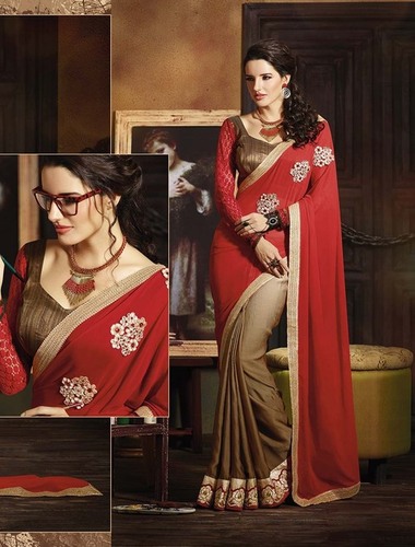 HEAVY RED AND BROWN DESIGNER SAREE
