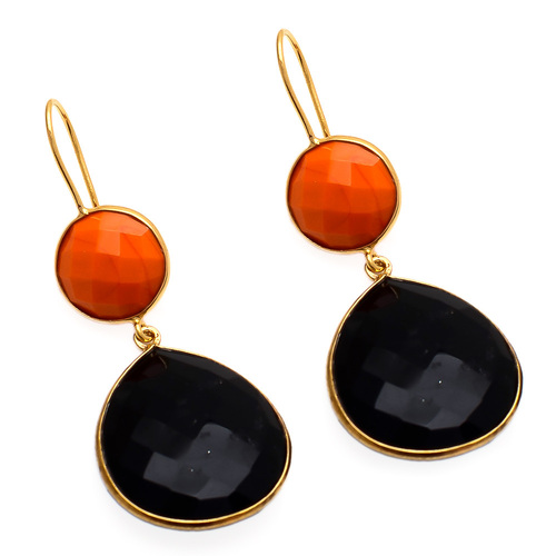 Pear Orange Chalcedony & Black Onyx Gemstone Earring