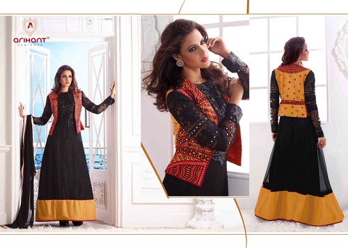 Designer Silk Net Embroidered Suit With Resham Work Jacket