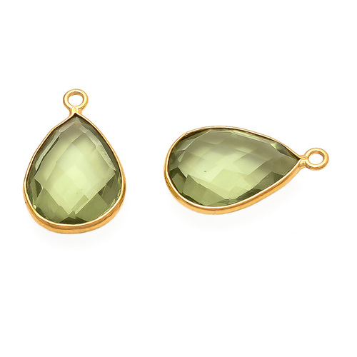 Green Amethyst Gemstone Connector - 925 Sterling Silver with 2 Micron Vermeil Gold, Faceted Pear Shape in AAA Quality