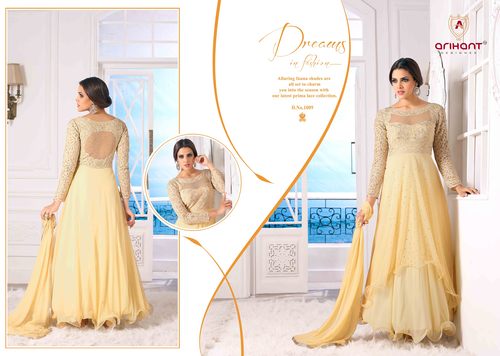 Fancy Creamy Net Embroidered Aarkali Suit - Semi Stitched, Floor-Length, Cream Color, Intricate Embroidery, Comfortable Fit
