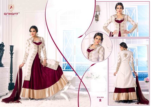 Fancy Magenta White Long Jacket Lahenga Suit