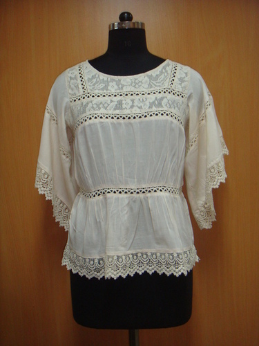 Blouse - Cotton, Medium, Off-White | Lace Details, Bell Sleeves, Comfortable Fit, Elegant Style