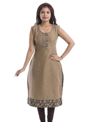 Linen Long Kurti - Linen, Beige, Round Neckline | Embroidered Neck, Sleeveless, Relaxed Fit, Elegant Design