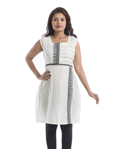 Smart Cotton Kurti with Ari Embroidery - Cotton, Knee-Length, White | Pleated Yoke, Sleeveless, Comfortable Fit, Elegant Look