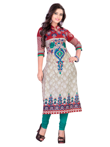Designer Tunic Kurtis - Cotton, 44 Inches, Beige | Stylish Collared Neck, Three-Quarter Sleeves, Unique Patterns