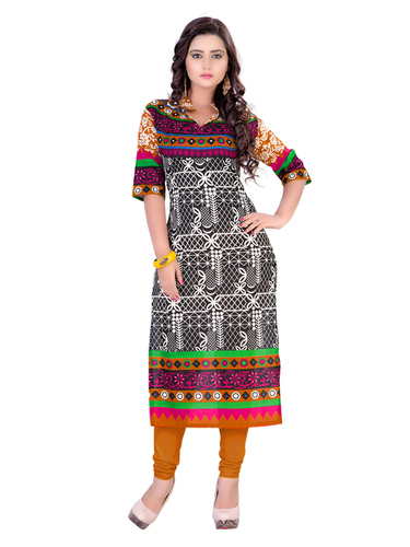 Western Style Kurti - Cotton Blend, 45 Inches, S to XXL | V-neck, Printed, Three-Quarter Sleeves, Comfortable Fit