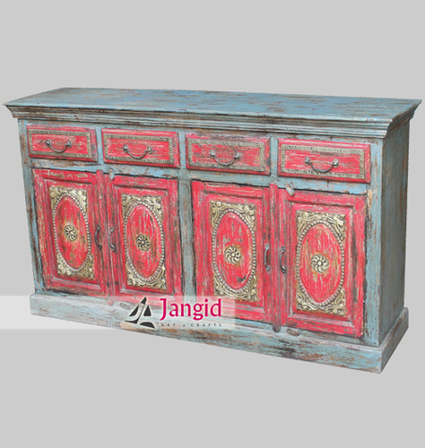 Multi Coloured Distressed Painted Wooden Sideboard