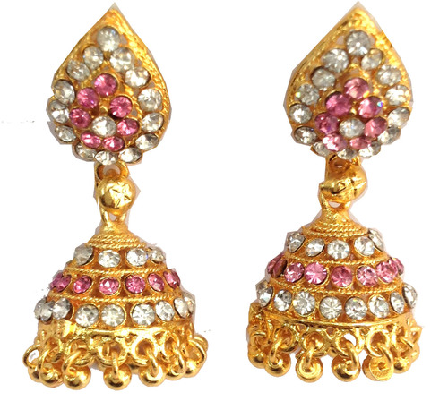 Imitation Gold Plated Jhumki - Copper & Brass, 25x15 mm, Pink & White Cubic Zirconia, Bridal Wear