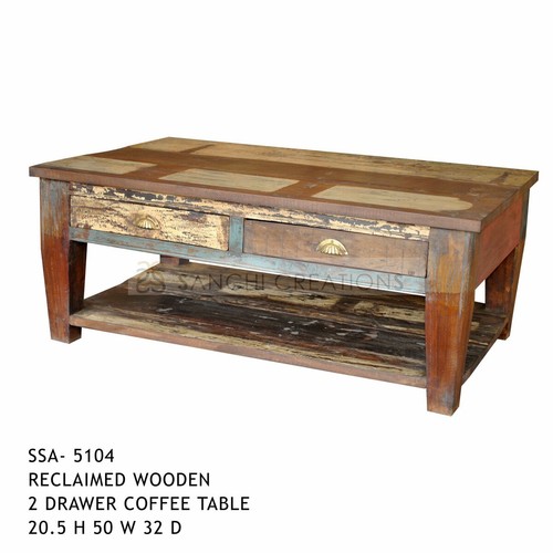 Reclaimed Wooden 2 Drawer Coffee Table - 30.5"W x 50"W x 21"D, Natural Finish | Rustic Charm, Durable Wood, Eco-Friendly
